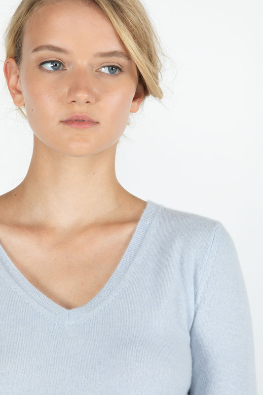 JENNIE LIU Women's 100% Pure Cashmere Long Sleeve Pullover V Neck Sweater